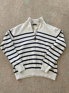 Brandy Melville Cream and Navy Striped Half-Zip Sweater